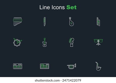 Set line Saxophone, Trumpet, Music synthesizer, Bongo drum, Guitar neck, Electric bass guitar and Drum with sticks icon. Vector