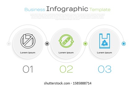 Set line Say no to plastic bags poster, Battery with recycle symbol line and Plastic bag with recycle. Business infographic template. Vector