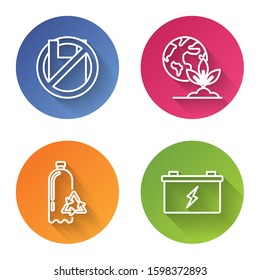 Set line Say no to plastic bags poster, Earth globe and plant, Recycling plastic bottle and Car battery. Color circle button. Vector
