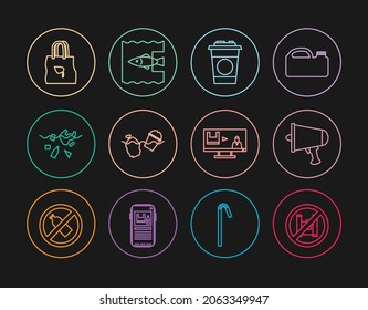 Set line Say no to plastic bags poster, Spread the word, megaphone, Paper glass, Problem pollution of ocean, planet, Shopping with recycle, Stop and  icon. Vector