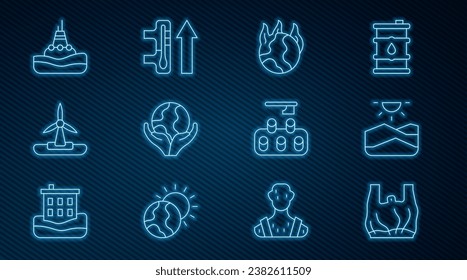 Set line Say no to plastic bags poster, Drought, Global warming fire, Hand holding Earth globe, Wind turbine, Floating buoy on the sea, Deforestation and  icon. Vector