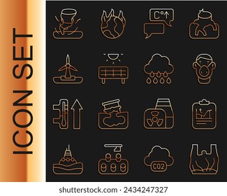 Set line Say no to plastic bags poster, Global warming, Face protective mask, Solar energy panel, Wind turbine, Tornado and Cloud with rain icon. Vector