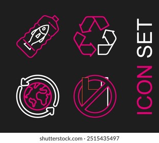 Set line Say no to plastic bags poster, Planet earth and recycling, Recycle symbol and Stop ocean pollution icon. Vector