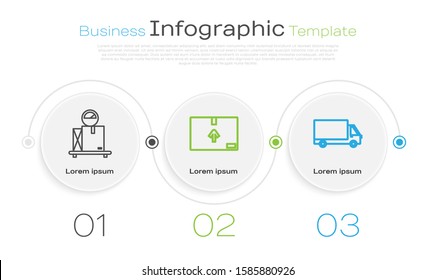 Set line Scale with cardboard box , Cardboard box with traffic symbol  and Delivery cargo truck vehicle . Business infographic template. Vector
