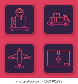 Set line Scale with cardboard box , Plane , Delivery truck with cardboard boxes and Cardboard box with traffic symbol . Blue square button. Vector