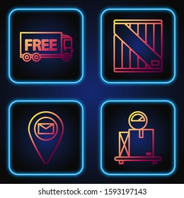 Set line Scale with cardboard box , Placeholder on map paper, Free delivery service  and Wooden box . Gradient color icons. Vector