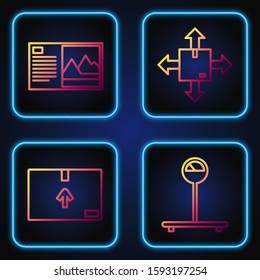 Set line Scale , Cardboard box with traffic symbol , Postcard  and Cardboard box with traffic symbol. Gradient color icons. Vector