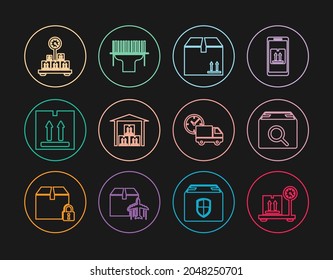 Set line Scale with cardboard box, Search package, Cardboard traffic, Warehouse, Delivery truck and clock and Scanner scanning bar code icon. Vector