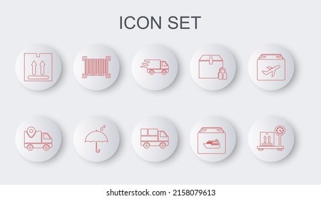 Set line Scale with cardboard box, Delivery tracking, truck movement, Cargo ship boxes, Cardboard traffic, Barcode, Umbrella and rain drops and  icon. Vector