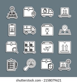 Set line Scale with cardboard box, Cardboard traffic, Placeholder on map, Delivery truck and stopwatch, boxes, Mobile app tracking,  and fragile content icon. Vector