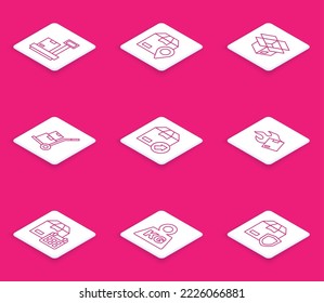Set line Scale with cardboard box, Location, Unboxing, Hand truck and boxes, Carton, Cardboard calendar and Weight icon. Vector