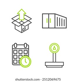 Set line Scale, Cardboard box with calendar, Container and Unboxing icon. Vector