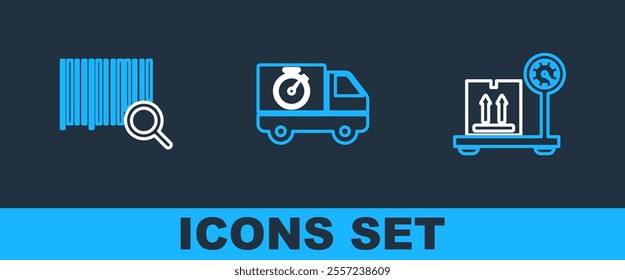 Set line Scale with cardboard box, Search barcode and Delivery truck and stopwatch icon. Vector