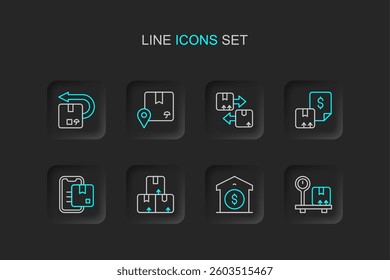Set line Scale with cardboard box, Warehouse price, Carton, Document tracking marker, Waybill, Cardboard traffic symbol, Location and Return icon. Vector