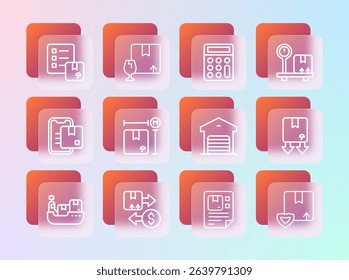Set line Scale with cardboard box, Tax, Warehouse, Waybill, Cardboard measurement, Calculator, Verification of delivery list and Package fragile content icon. Vector