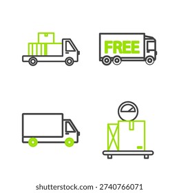 Set line Scale with cardboard box, Delivery cargo truck vehicle, Free delivery service and boxes icon. Vector