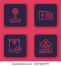 Set line Scale, Envelope and check mark, Container and Warehouse. Blue square button. Vector