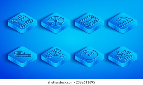 Set line Scale with suitcase, Circle of pieces, Measuring instrument, Digital thermometer, Radius, Protractor, tape and Scales justice icon. Vector