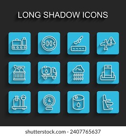 Set line Scale with suitcase, Clock, Conveyor belt, Barrel oil, Airplane seat, Fuel tanker truck, Metal detector in airport and Cloud rain icon. Vector