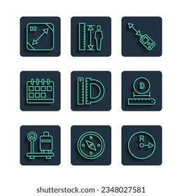 Set line Scale with suitcase, Compass, Radius, Laser distance measurer, Protractor and ruler, Calendar, Diagonal measuring and Diameter icon. Vector