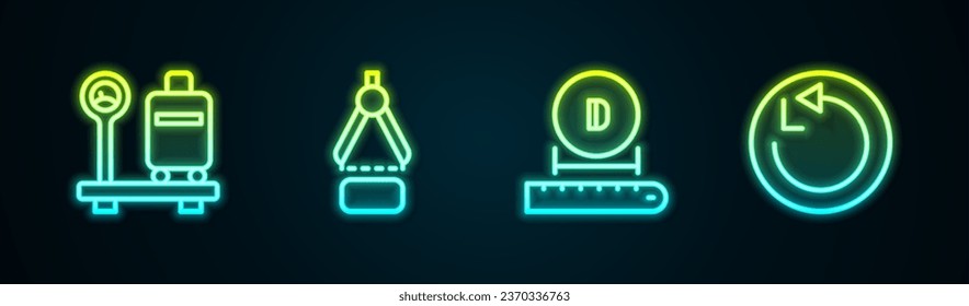 Set line Scale with suitcase, Drawing compass, Diameter and Radius. Glowing neon icon. Vector