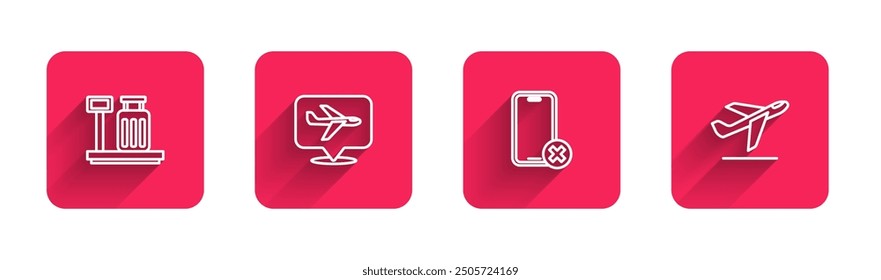 Set line Scale with suitcase, Plane, No cell phone and takeoff with long shadow. Red square button. Vector