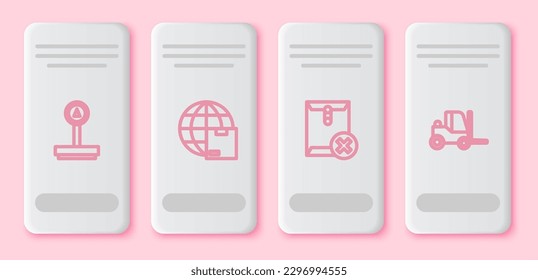 Ajustar escala de línea, envío a nivel mundial, sobre Delete y camión de carretillas elevadoras. Botón rectángulo blanco. Vector