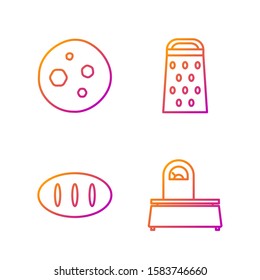 Set line Scales , Bread loaf , Cookie or biscuit with chocolate  and Grater . Gradient color icons. Vector