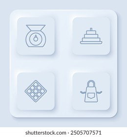 Set line Scales, Cake with burning candles, Waffle and Kitchen apron. White square button. Vector