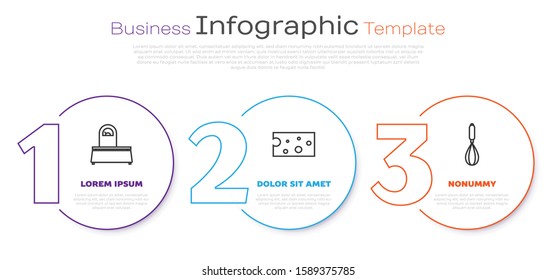Set line Scales , Cheese  and Kitchen whisk . Business infographic template. Vector