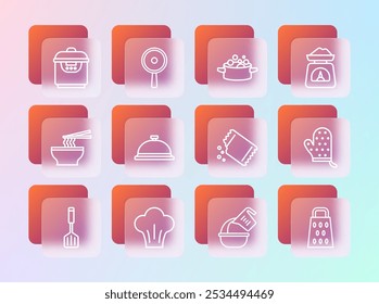 Set line Scales, Chef hat, Packet of pepper, Measuring cup and bowl, Covered with tray food, Cooking pot, Slow cooker and Frying pan icon. Vector