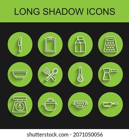 Set line Scales, Cooking pot, Knife, Kitchen colander, Frying pan, Crossed fork spoon, Coffee turk and Pizza knife icon. Vector