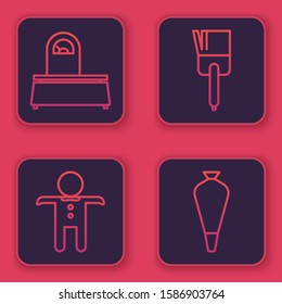 Set line Scales , Holiday gingerbread man cookie , Kitchen brush  and Pastry bag for decorate cakes. Blue square button. Vector