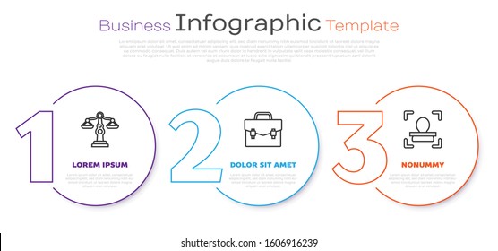 Set line Scales of justice, Briefcase and Face recognition. Business infographic template. Vector