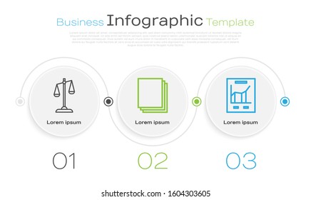 Set line Scales of justice, Clean paper and Document with graph chart. Business infographic template. Vector