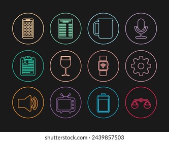 Set line Scales of justice, Cogwheel gear settings, Coffee cup, Wine glass, Clipboard with resume, Mobile Apps, Smartwatch wireless and Paper or financial check icon. Vector