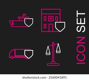 Set line Scales of justice, Delivery cargo truck with shield, Medical hospital building and Ship icon. Vector