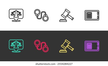 Set line Scales of justice, Handcuffs, Judge gavel and Safe on black and white. Vector