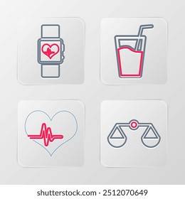 Set line Scales of justice, Heart rate, Glass with water and Smart watch heart beat icon. Vector