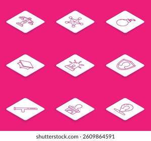 Set line Scales of justice, Hexagram sheriff, Bomb ready to explode, Graduation cap, Flasher siren, User protection, Police rubber baton and Stage stand or debate podium rostrum icon. Vector
