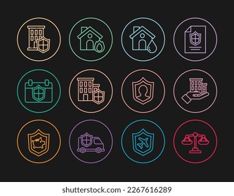 Set line Scales of justice, House insurance, flood, with shield, Calendar, Life and Fire burning house icon. Vector
