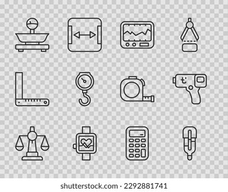 Set line Scales of justice, Medical thermometer, Measuring instrument, Smart watch, Hand scale spring mechanical, Calculator and Digital icon. Vector