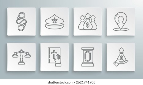 Set line Scales of justice, Oath on the Holy Bible, Stage stand or debate podium rostrum, Hand holding money bag, Money, Map marker silhouette person and Handcuffs icon. Vector