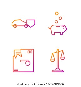 Set line Scales of justice, Ordered envelope, Car with shield and Piggy bank with coin. Gradient color icons. Vector