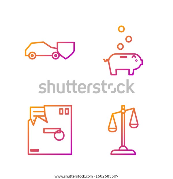 Set line
Scales of justice, Ordered envelope, Car with shield and Piggy bank
with coin. Gradient color icons.
Vector