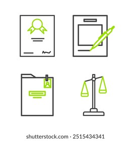 Set line Scales of justice, Personal folder, Blank notebook and pen and Certificate template icon. Vector