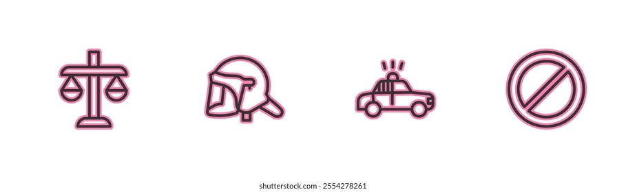 Set line Scales of justice, Police car and flasher, helmet and Ban icon. Vector