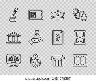 Set line Scales of justice, Prison window, Police cap with cockade, badge, Feather and inkwell, Bribe money bag, Law pillar and Old hourglass icon. Vector