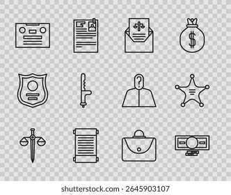 Set line Escalas de justiça, Pilhas dinheiro papel, Intimidação, Decreto, papel, pergaminho, pergaminho, fita cassete de áudio retro, bastão de borracha da polícia, Maleta e Hexagram ícone xerife. Vetor