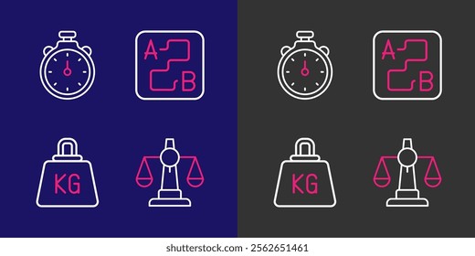 Set line Scales of justice, Weight, Route location and Stopwatch icon. Vector